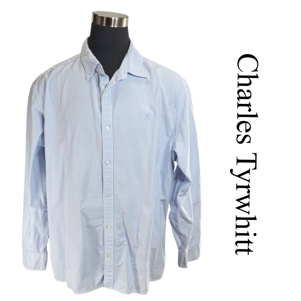 Charles Tyrwhitt Shirt XXXL‎ Blue White Cotton Striped Classic Fit Professional